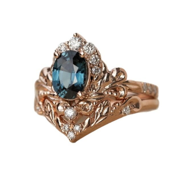 Women's Inlaid Blue Crystal Ring Rose Gold Branch Flower